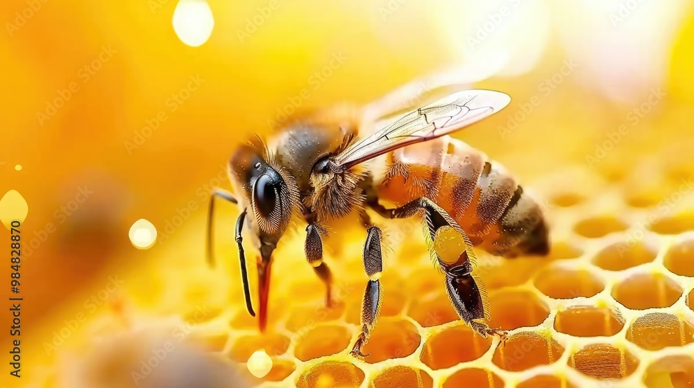 A honeybee collecting nectar from honeycomb at a vibrant apiary in warm daylight A honeybee collecting nectar from honeycomb at a vibrant apiary in warm daylight