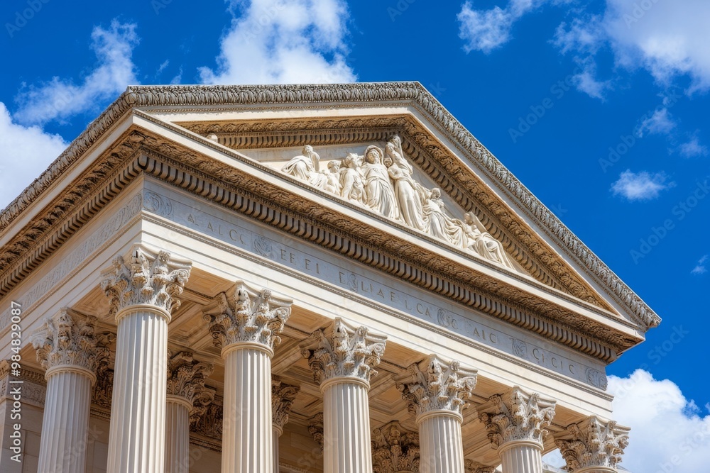 A close-up of the columns and pediment of a neoclassical building, showcasing its timeless design A close-up of the columns and pediment of a neoclassical building, showcasing its timeless design