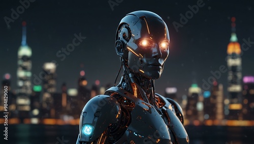 Futuristic robot with glowing features against vibrant city lights