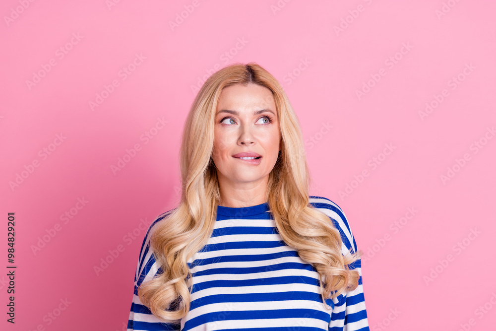Photo of adorable lovely cute woman wear stylish striped sailor pullover empty space isolated on pink color background Photo of adorable lovely cute woman wear stylish striped sailor pullover empty space isolated on pink color background