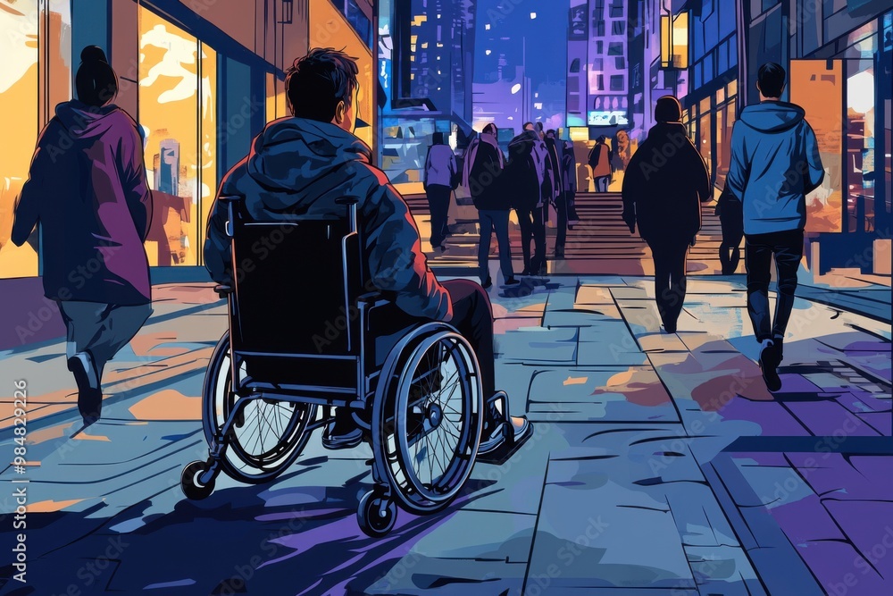 Obraz premium Evening cityscape journey: person in wheelchair navigating an urban sidewalk