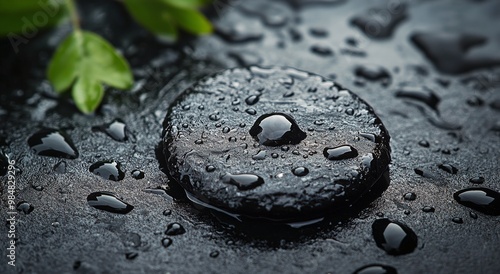 Smooth black stone with water droplets resting on a dark surface surrounded b...