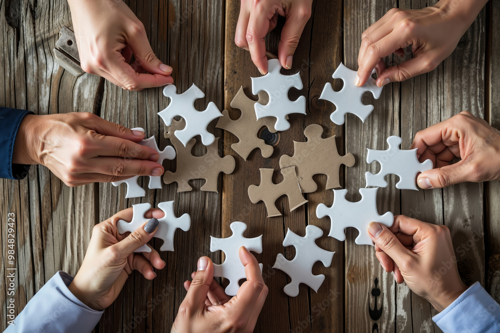 A group of people holding jigsaw puzzle pieces together on a wooden table A group of people holding jigsaw puzzle pieces together on a wooden table