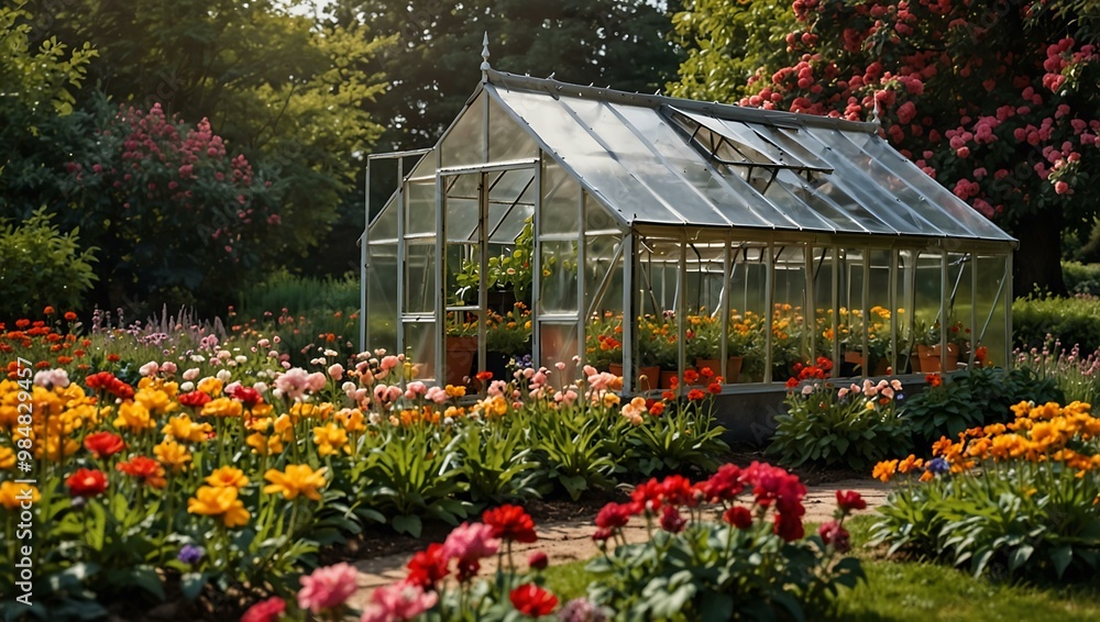 Garden landscape with a greenhouse and vibrant flowers. Garden landscape with a greenhouse and vibrant flowers.