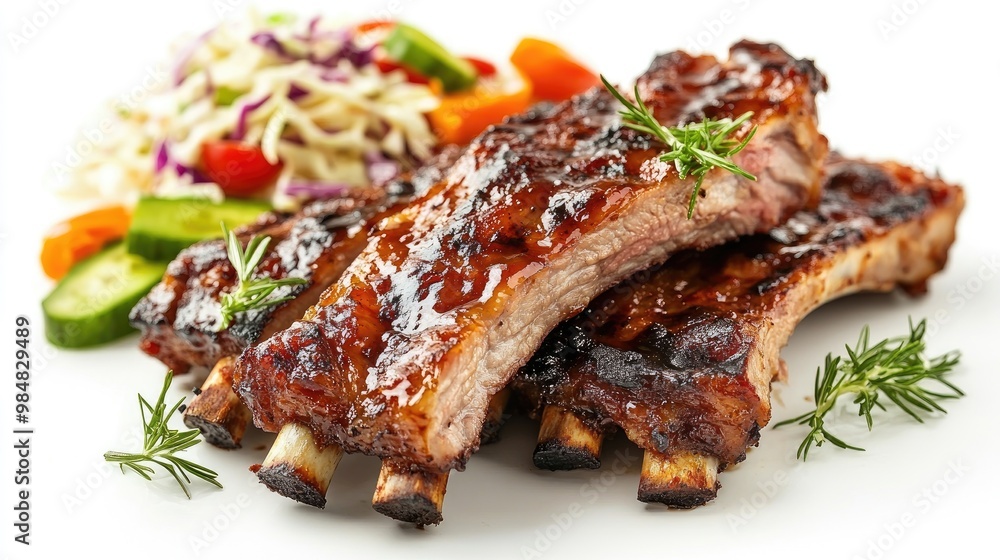 A close-up of perfectly grilled pork ribs with a caramelized glaze, served with a side of coleslaw and grilled vegetables, all set against a white background. A close-up of perfectly grilled pork ribs with a caramelized glaze, served with a side of coleslaw and grilled vegetables, all set against a white background.
