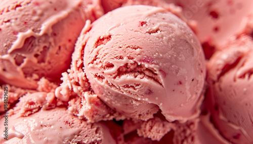 detailed view showcasing a scoop of red strawberry ice cream