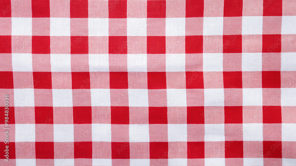Red and white checkered fabric background, classic gingham pattern texture. Red and white checkered fabric background, classic gingham pattern texture.
