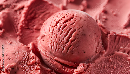 detailed view showcasing a scoop of red strawberry ice cream