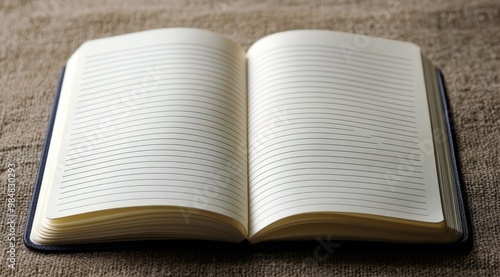 A blank notebook lies open on a blue surface, inviting creativity and ideas t...