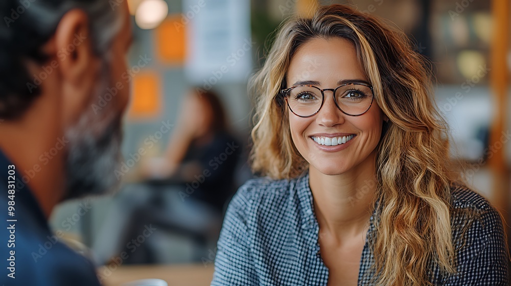 A smiling woman with long blonde hair and glasses looks at a man sitting across from her in a cafe. A smiling woman with long blonde hair and glasses looks at a man sitting across from her in a cafe.
