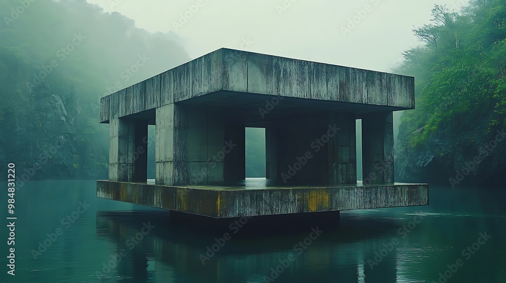 A geometric, rectangular building with sharp edges, floating effortlessly over a reflective water surface, set against a background of dense, green foliage, symbolizing the integration of architecture A geometric, rectangular building with sharp edges, floating effortlessly over a reflective water surface, set against a background of dense, green foliage, symbolizing the integration of architecture