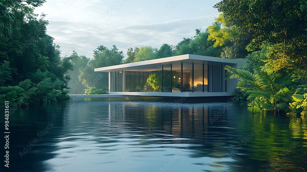Fototapeta premium A modern rectangular building with sleek glass facades, floating over a calm, futuristic water surface surrounded by lush greenery, blending architecture with nature. 4k