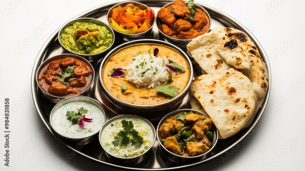 A close-up view of a rich and diverse Indian thali with an assortment of dishes like butter chicken, dal, and naan, set against a simple white background for clarity. A close-up view of a rich and diverse Indian thali with an assortment of dishes like butter chicken, dal, and naan, set against a simple white background for clarity.