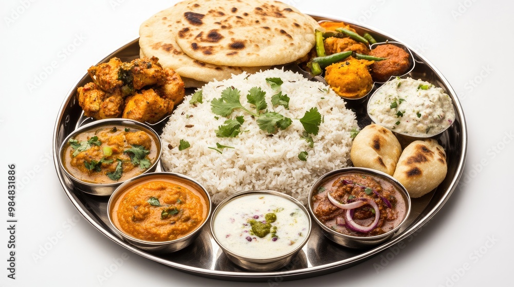 A close-up view of a rich and diverse Indian thali with an assortment of dishes like butter chicken, dal, and naan, set against a simple white background for clarity. A close-up view of a rich and diverse Indian thali with an assortment of dishes like butter chicken, dal, and naan, set against a simple white background for clarity.