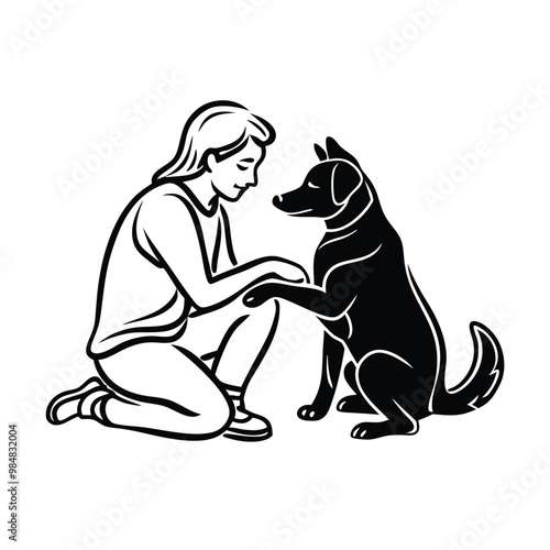 human and animal in line art style vector, isolated white background, 