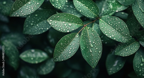 Fresh green leaves covered in raindrops glisten in a lush garden setting afte...