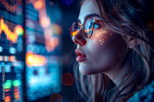 A woman wearing a pair of glasses looking at a computer screen