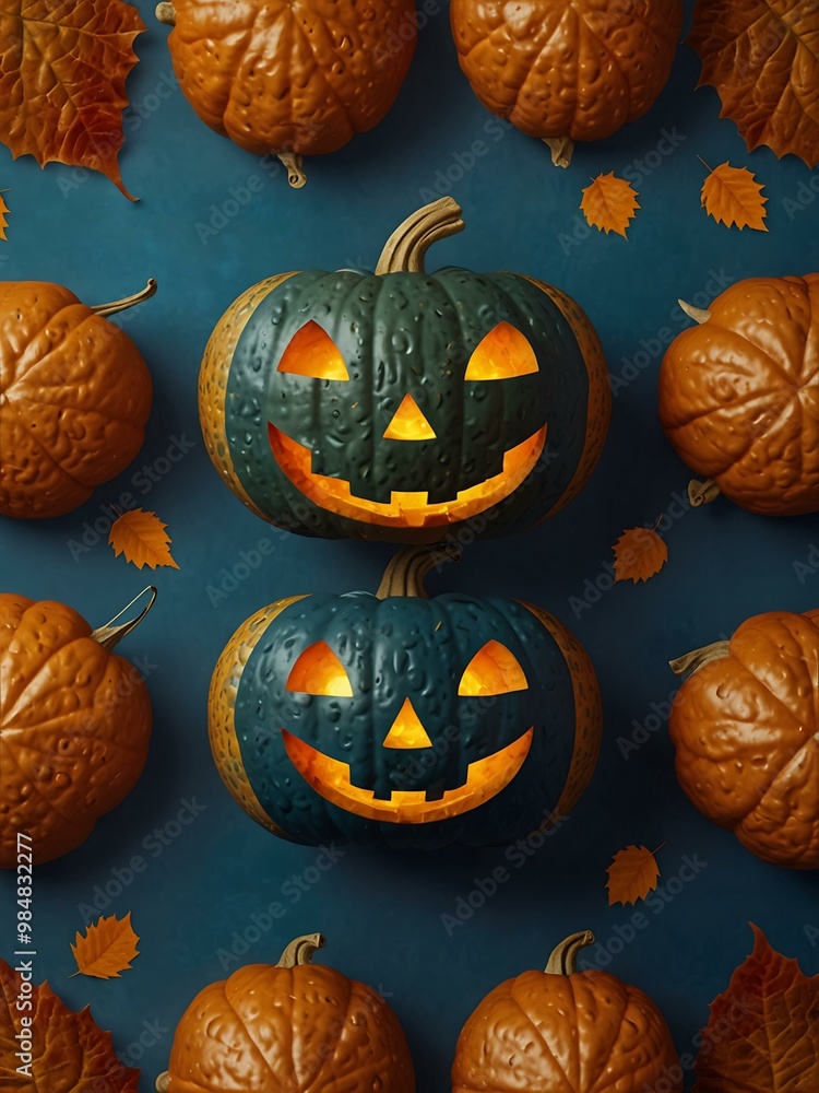 Glowing jack-o'-lantern surrounded by autumn leaves on a blue background. Glowing jack-o'-lantern surrounded by autumn leaves on a blue background.