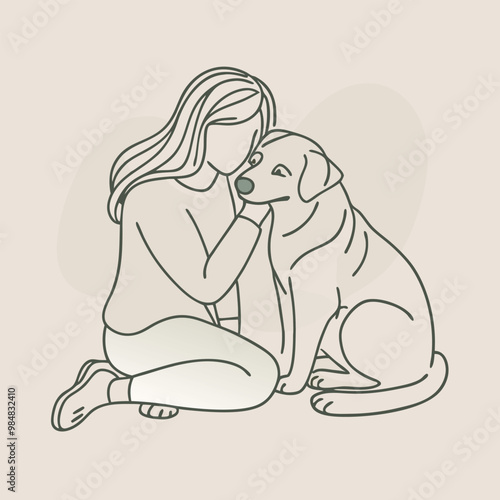 human and animal in line art style vector, isolated white background, 