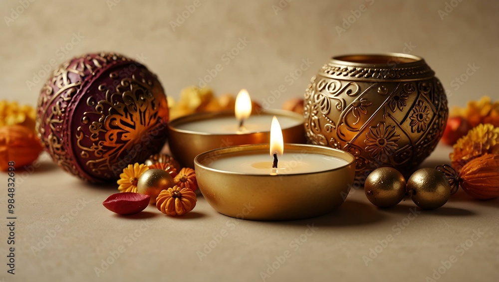 Golden candles and decorations on a cream background for Diwali. Golden candles and decorations on a cream background for Diwali.