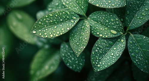 Fresh green leaves covered in raindrops glisten in a lush garden setting afte...