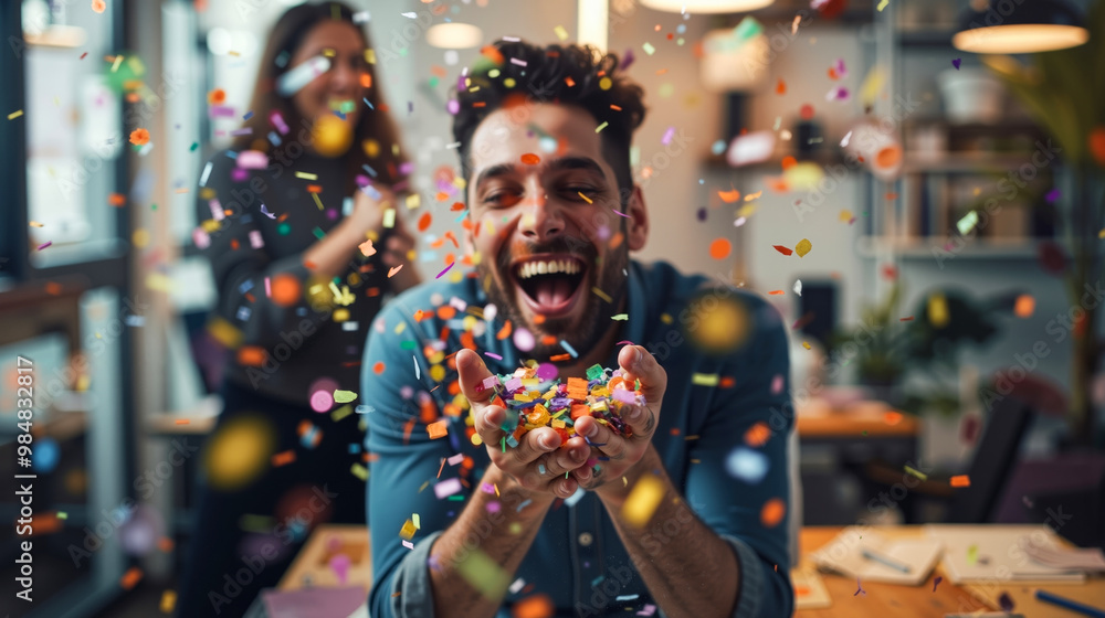 A man and woman celebrating with confetti in an office A man and woman celebrating with confetti in an office