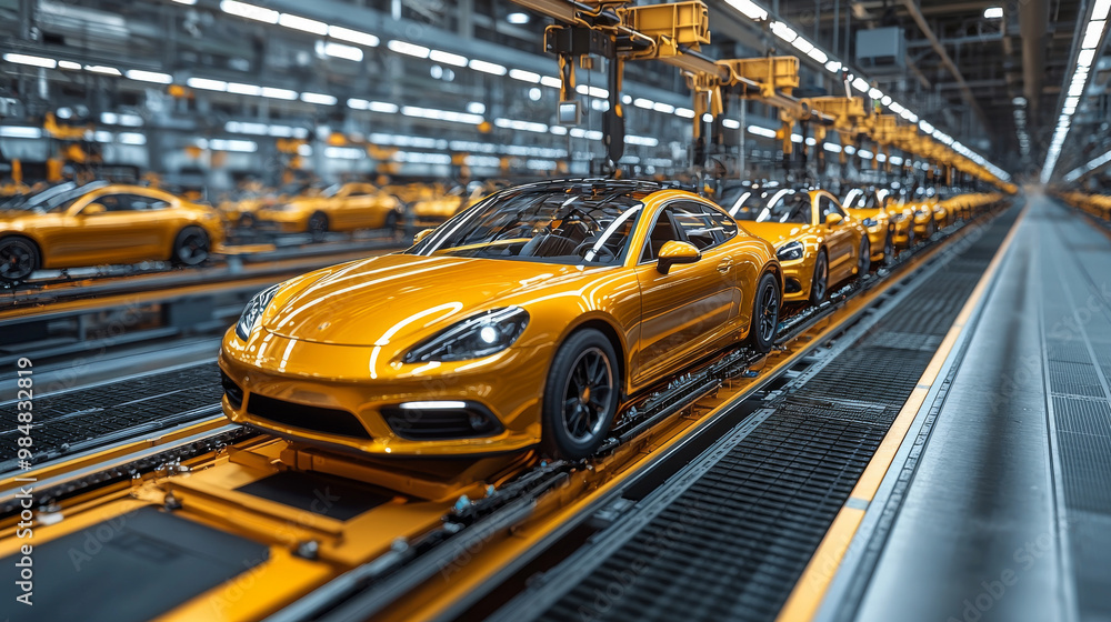 Shiny yellow cars on an assembly line in a factory. Shiny yellow cars on an assembly line in a factory.