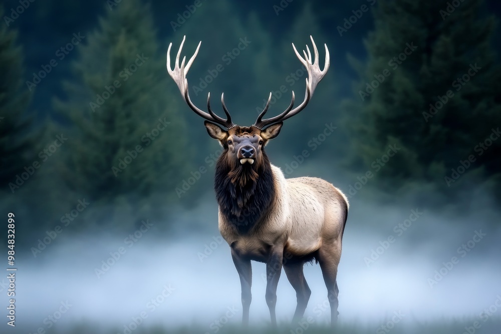 A majestic elk standing in a misty forest, with its antlers reaching high above the fog-covered trees A majestic elk standing in a misty forest, with its antlers reaching high above the fog-covered trees