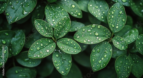 Fresh green leaves covered in raindrops glisten in a lush garden setting afte...