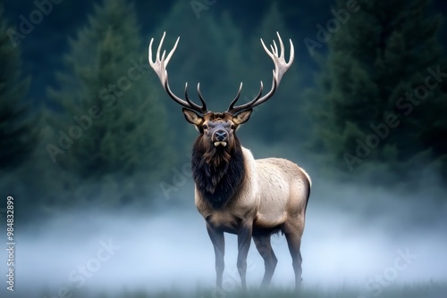 A majestic elk standing in a misty forest, with its antlers reaching high above the fog-covered trees