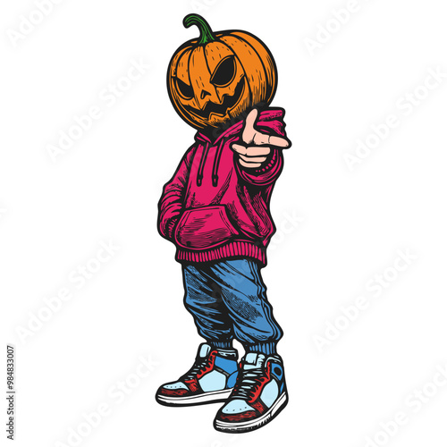 Colorful Hipster Jack-o'-Lantern in Hoodie Line Art - Halloween Character Vector Illustration with Urban Style, Streetwear Vibes, Dynamic Pose, Isolated on White Background, Vibrant and Modern Design	