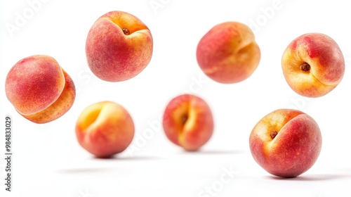 Close-up of multiple ripe peaches falling in mid-air, isolated on a clean white background.