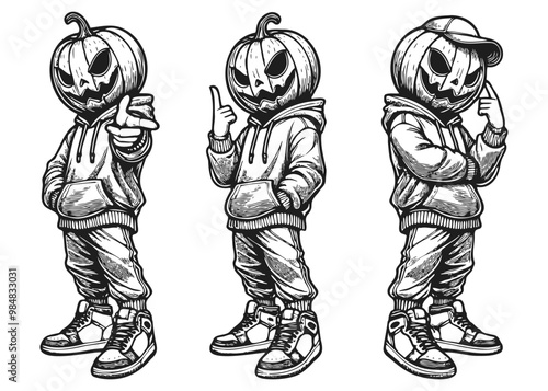 Hipster Jack-o'-Lantern in Hoodie Line Art - Halloween Characters Vector Illustration Set with Urban Style, Streetwear Vibes, Dynamic Pose, Isolated on White Background, Vibrant and Modern Design