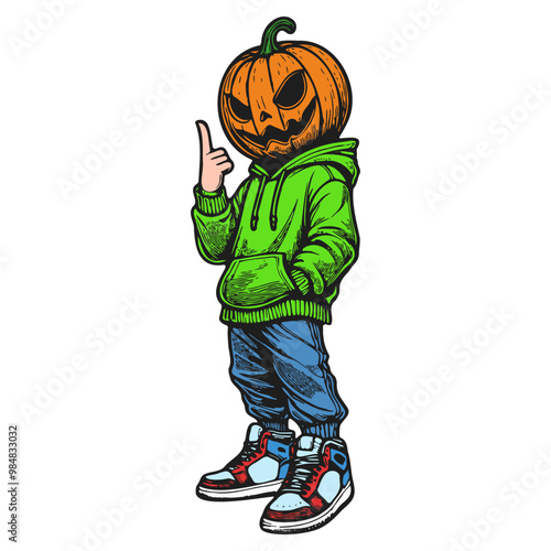 Colorful Hipster Jack-o'-Lantern in Hoodie Line Art - Halloween Character Vector Illustration with Urban Style, Streetwear Vibes, Dynamic Pose, Isolated on White Background, Vibrant and Modern Design	