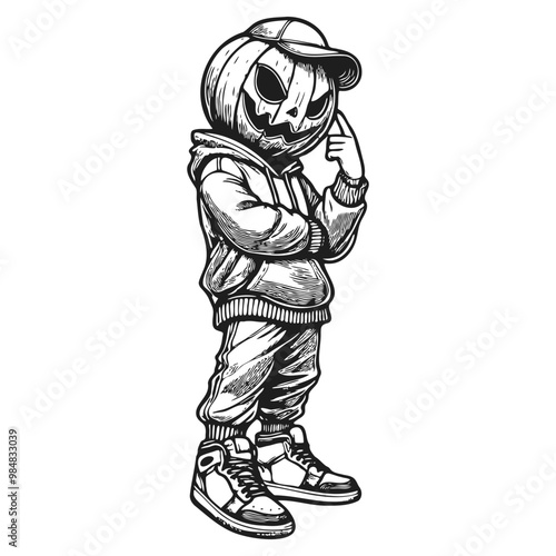 Hipster Jack-o'-Lantern in Hoodie Line Art - Halloween Character Vector Illustration with Urban Style, Streetwear Vibes, Dynamic Pose, Isolated on White Background, Vibrant and Modern Design