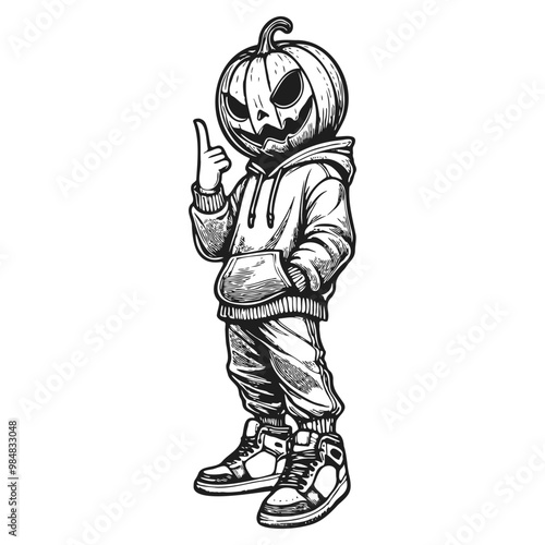 Hipster Jack-o'-Lantern in Hoodie Line Art - Halloween Character Vector Illustration with Urban Style, Streetwear Vibes, Dynamic Pose, Isolated on White Background, Vibrant and Modern Design