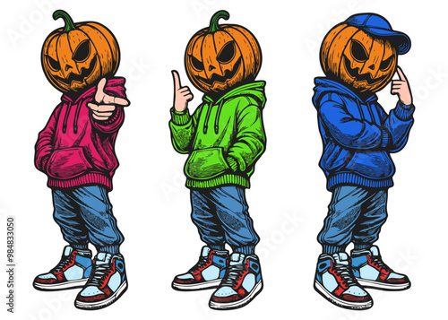 Colorful Hipster Jack-o'-Lantern in Hoodie Line Art - Halloween Characters Vector Illustration Set with Urban Style, Streetwear Vibes, Dynamic Pose, Isolated on White Background	