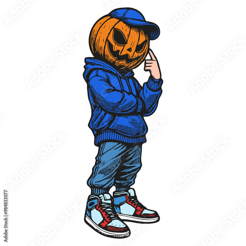 Colorful Hipster Jack-o'-Lantern in Hoodie Line Art - Halloween Character Vector Illustration with Urban Style, Streetwear Vibes, Dynamic Pose, Isolated on White Background, Vibrant and Modern Design	
