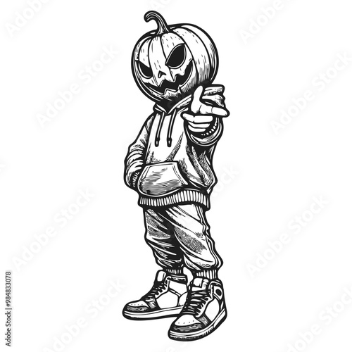 Hipster Jack-o'-Lantern in Hoodie Line Art - Halloween Character Vector Illustration with Urban Style, Streetwear Vibes, Dynamic Pose, Isolated on White Background, Vibrant and Modern Design