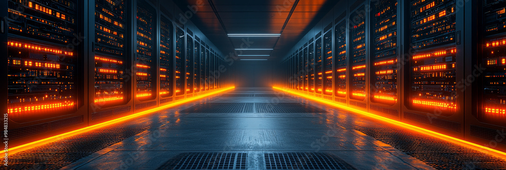 A futuristic server room with glowing orange lights. A futuristic server room with glowing orange lights.