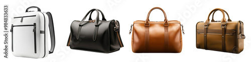 A sleek showcase of four distinct bags: a white backpack, a black satchel, and two stylish leather bags in brown tones. photo