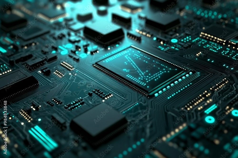 Intricate Electronic Circuit Board with Glowing Technological Components Intricate Electronic Circuit Board with Glowing Technological Components