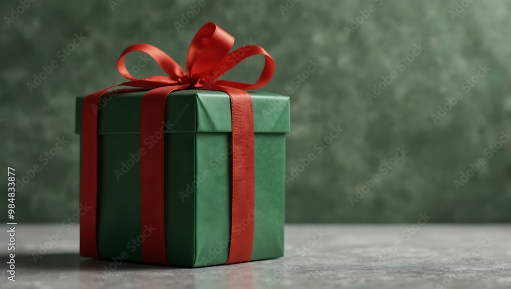 Green gift box with a red ribbon on a countertop, copy space. Green gift box with a red ribbon on a countertop, copy space.