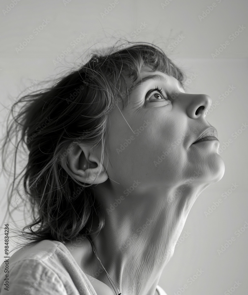 A black and white photo of a woman looking up at the sky A black and white photo of a woman looking up at the sky