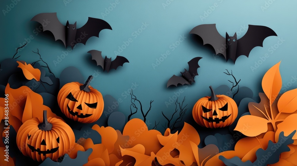 Playful paper cutout Halloween scene with paper pumpkins and bats, arranged with a background that provides ample space for custom Halloween text. Playful paper cutout Halloween scene with paper pumpkins and bats, arranged with a background that provides ample space for custom Halloween text.