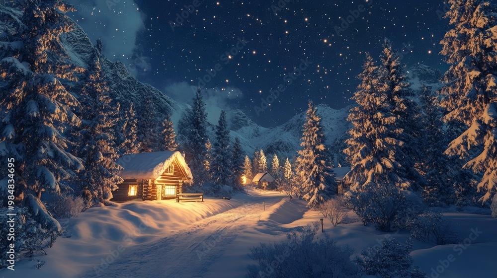 Fototapeta premium A magical winter wonderland scene with tall snow-covered pines, twinkling stars in the night sky, and a warm glow from nearby cabins.