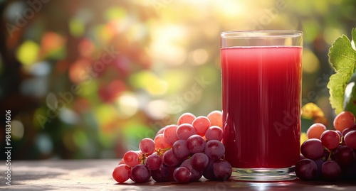 Refreshing grape juice in a glass surrounded by fresh grapes in natural sunlight