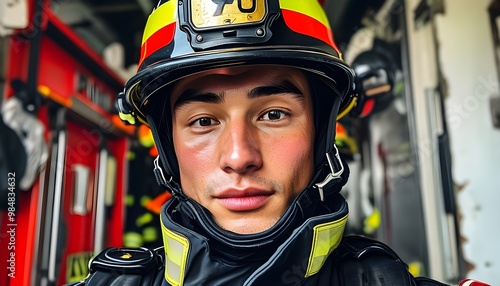 Heroic self-portrait of a firefighter in uniform and helmet, symbolizing bravery and dedication to rescue service