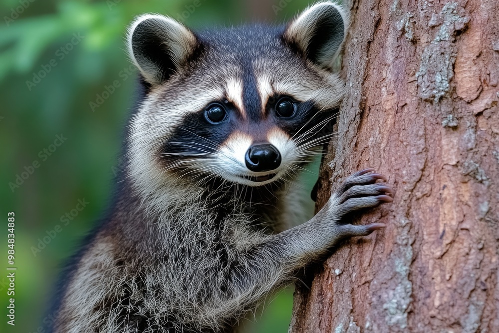 A raccoon peeking out from behind a tree, with its little hands holding onto the bark, showcasing its curiosity A raccoon peeking out from behind a tree, with its little hands holding onto the bark, showcasing its curiosity