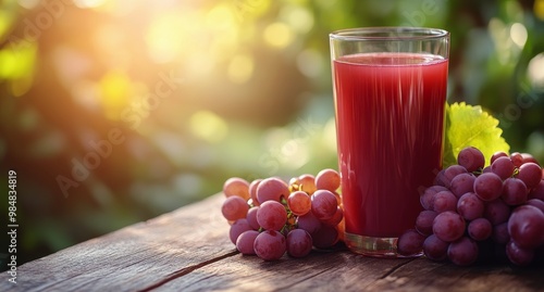 Refreshing grape juice in a glass surrounded by fresh grapes in natural sunlight